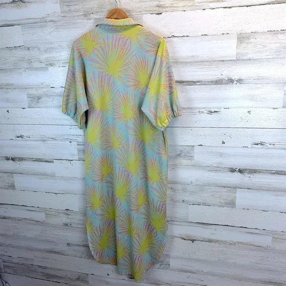 Emily McCarthy Poppy Caftan Midi Dress Palm Print Pink Green Resort Large - Picture 6 of 13